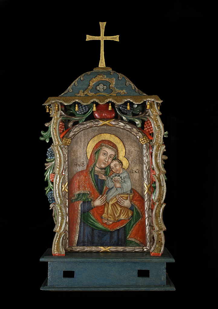 Ismeretlen mester: Baldachinos körmeneti kép az abaújszolnoki görögkatolikus templomból: Útmutató Istenszülő és Keresztrefeszítés, 18. sz. vége